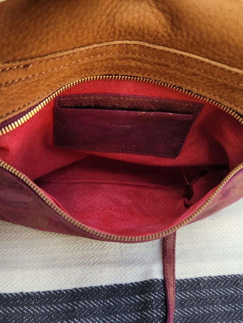 Hammit Leather Fold-Over Crossbody Bag in Brown and Plum with Gold Accents - Picture 8 of 15